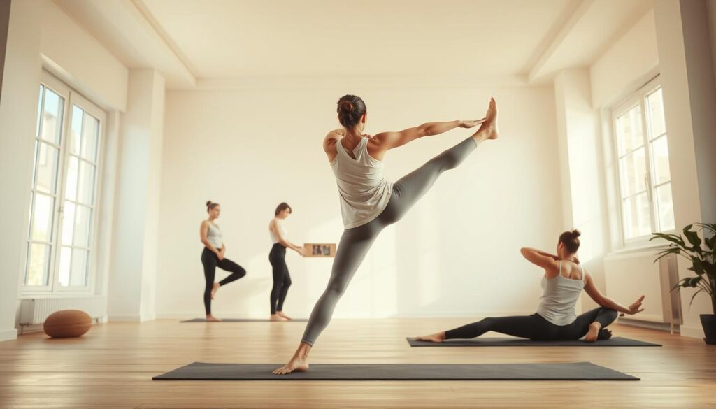 A bright, airy room with warm natural lighting streams through large windows. In the foreground, a person in a relaxed yoga pose stretches their legs with ease, exuding a sense of peaceful calm. The middle ground features several simple yet effective yoga poses suitable for busy lifestyles - a standing side twist, a gentle seated forward fold, and a reclined supported backbend. The background showcases a minimalist, clutter-free environment, creating a soothing atmosphere conducive to the practice. The overall composition conveys the accessibility and simplicity of these yoga stretches that can be incorporated into even the most hectic daily routines.