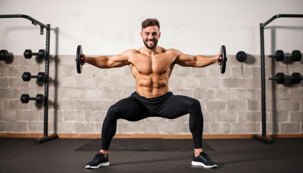 A realistic photo of a muscular male fitness trainer demonstrating weight loss exercises in a gym. He is performing a kettlebell swing with proper form, sweating, and wearing athletic clothing. The background includes gym equipment (dumbbells, treadmill) with motivational lighting. Focus on intensity and fat-burning action. Hyper-detailed, 8K, dynamic angle
