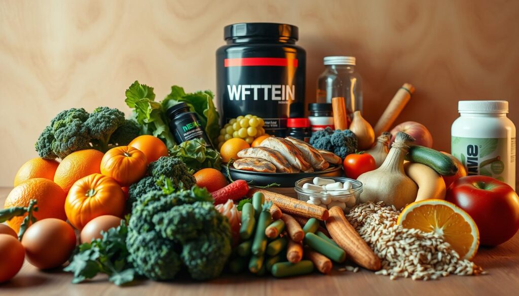 A bountiful array of nutritious foods arranged in a visually appealing still life, captured in a warm, soft-lit studio setting. In the foreground, a variety of fresh fruits and vegetables - juicy oranges, crisp broccoli, leafy greens - complemented by lean protein sources like grilled chicken and hearty whole grains. In the middle ground, health-boosting supplements like protein powder and vitamin capsules, while the background features a minimalist, earthy-toned backdrop that creates a sense of balance and wellness. The lighting is gentle, with a slight vignette effect that draws the eye to the central composition, conveying the idea of nourishment and vitality to support an active lifestyle.