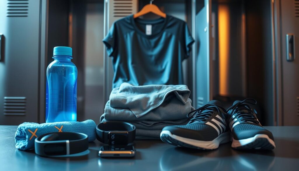 A brightly lit, well-organized gym preparation station. In the foreground, an array of essential gym items neatly arranged: a water bottle, towel, headphones, and a fitness tracker. The middle ground features a neatly folded workout outfit, including a moisture-wicking t-shirt, comfortable shorts, and a pair of high-quality sneakers. In the background, a sleek, modern gym locker serves as the backdrop, its metallic surface reflecting the lighting. The overall scene conveys a sense of preparedness, organization, and excitement for the upcoming gym session.