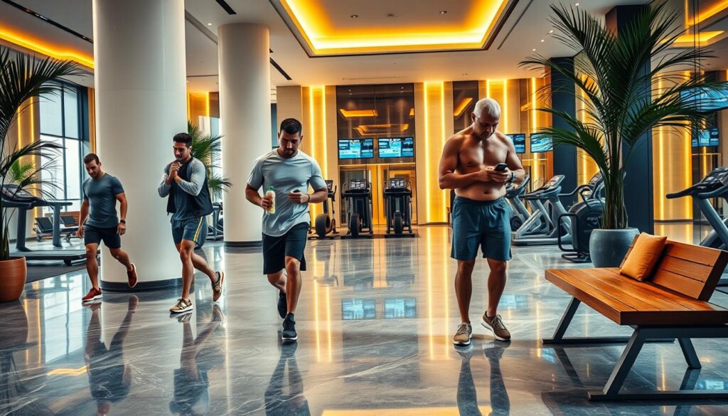 A busy gym lobby at peak hours, with people of diverse ages and body types rushing in and out, some stretching and warming up, others carrying water bottles and towels. The warm, bright lighting creates a sense of energy and activity, while the sleek, modern decor and equipment visible in the background suggest a well-equipped fitness center. The scene conveys the hustle and bustle of the best time to visit the gym, when it's filled with motivated individuals focused on their fitness goals.