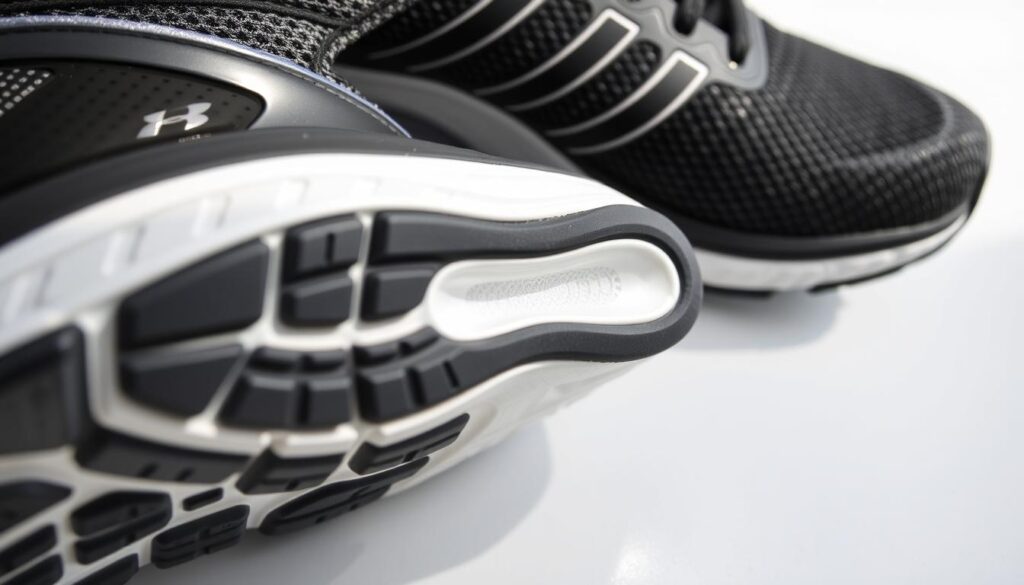A close-up view of a pair of high-quality running shoes, showcasing their cushioned midsole and flexible outsole. The shoes are positioned on a clean, white background, with natural, directional lighting illuminating the intricate texture and contours of the materials. The cushioning is clearly visible, with a cut-away section revealing the layered foam construction that provides exceptional shock absorption and comfort. The overall scene conveys a sense of quality, performance, and attention to detail - crucial considerations for anyone seeking the best running shoes for their active lifestyle.