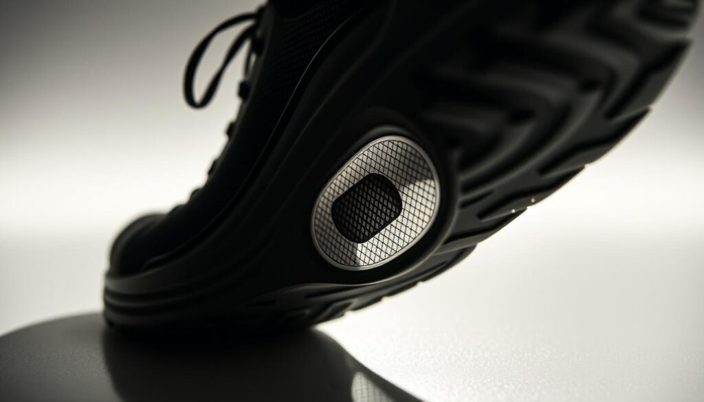 A detailed close-up of a carbon plate embedded within the midsole of a high-performance running shoe. The plate is visible through a transparent window, showcasing its intricate structure and sleek, lightweight design. The shoe is illuminated from the side, casting dramatic shadows that highlight the contours and geometry of the carbon technology. The foreground is sharply in focus, while the background blurs into a minimalist, studio-like setting, emphasizing the technical nature of the subject. The overall mood is one of innovation, precision, and the cutting edge of athletic footwear engineering.