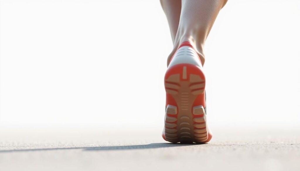 A detailed illustration of a runner's foot strike pattern, captured with a high-resolution camera lens and natural lighting. The foreground showcases the distinct phases of the foot's impact and roll, from initial heel strike to toe-off, with crisp details of the foot's structure and motion. The middle ground provides a neutral, clean background that allows the foot strike pattern to be the focal point. The overall mood is analytical and informative, effectively conveying the runner's biomechanics and the importance of understanding one's running style for optimal shoe selection.