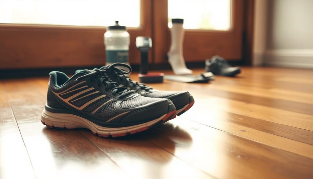 A pair of well-worn, high-quality running shoes sit on a wooden floor, illuminated by soft, warm natural light from a nearby window. The shoes are in the foreground, with a subtle reflection visible on the shiny hardwood surface. In the middle ground, a few accessories related to running and fitness are arranged neatly, such as a water bottle, a fitness tracker, and a pair of athletic socks. The background is blurred, creating a sense of depth and focus on the main subject. The overall mood is one of simplicity, practicality, and the importance of properly caring for your essential running gear to extend its lifespan and performance.