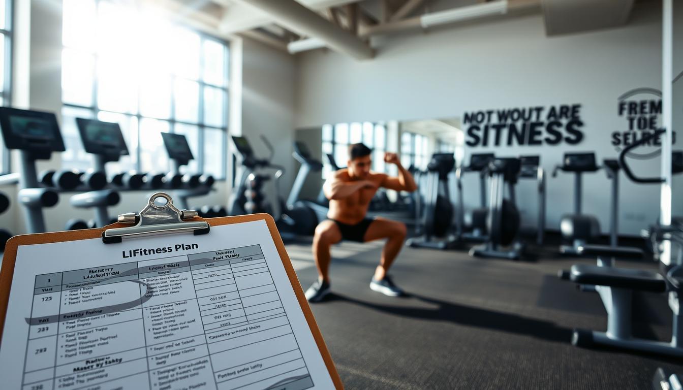 A well-equipped gym with modern equipment, including free weights, resistance machines, and cardio machines. Sunlight streams in through large windows, creating a bright and energetic atmosphere. In the foreground, a fitness plan is displayed on a clipboard, with detailed workout routines and schedules. In the middle ground, a person is shown performing a squat exercise with proper form, their muscles engaged. The background features motivational wall art and a clean, minimalist design, creating a sense of focus and determination.