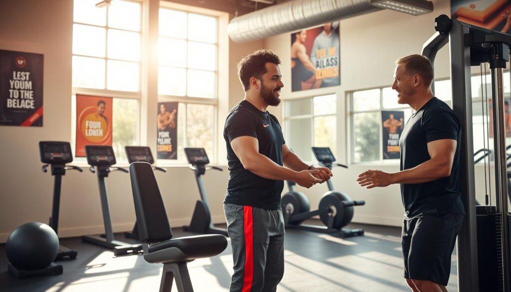 A well-lit, inviting gym interior with a new member being welcomed by a friendly personal trainer. The scene shows the trainer demonstrating proper form and technique on a weight machine, while the client observes attentively. The flooring is clean and padded, and the walls are adorned with motivational posters. Bright, natural lighting filters in through large windows, creating a warm, encouraging atmosphere. The camera angle is slightly elevated, capturing the interaction from an informative, instructional perspective. The overall mood is one of excitement and confidence, setting the stage for a productive, empowering first gym session.