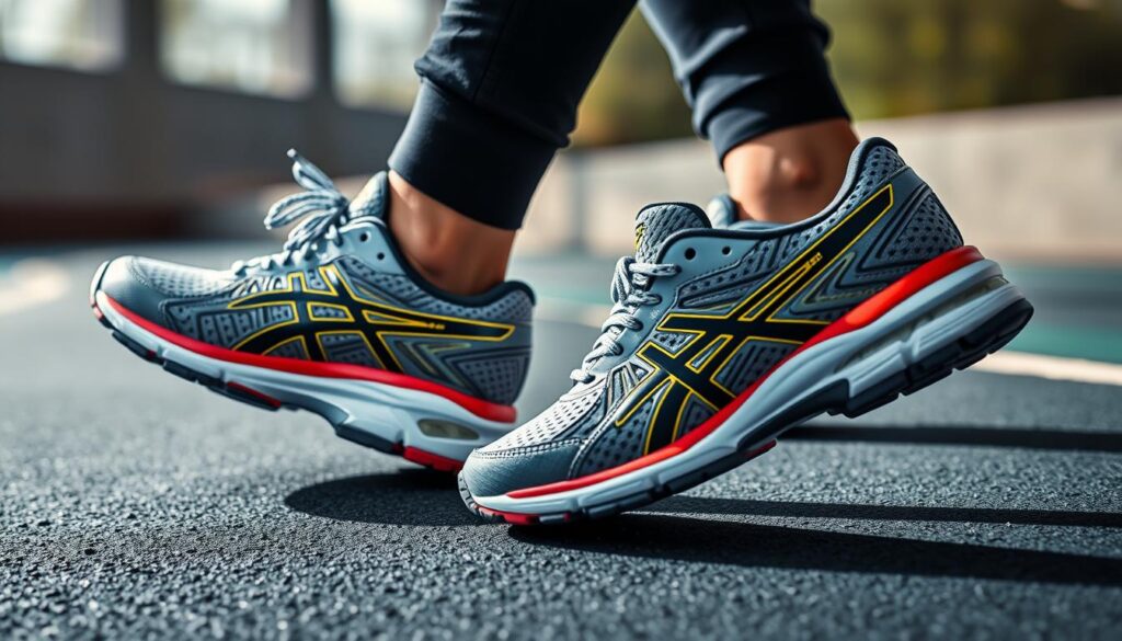 Generate an image of Asics running shoes showcasing their stability and cushioning features.