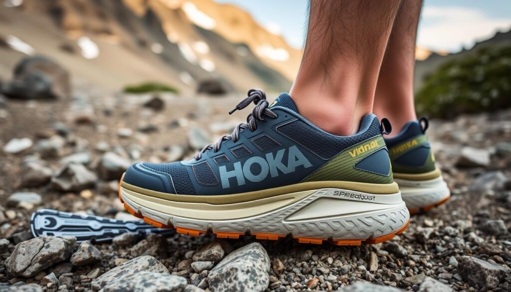 Hoka Speedgoat 6 trail running shoes on rocky terrain Hoka Speedgoat 6 trail running shoes on rocky terrain