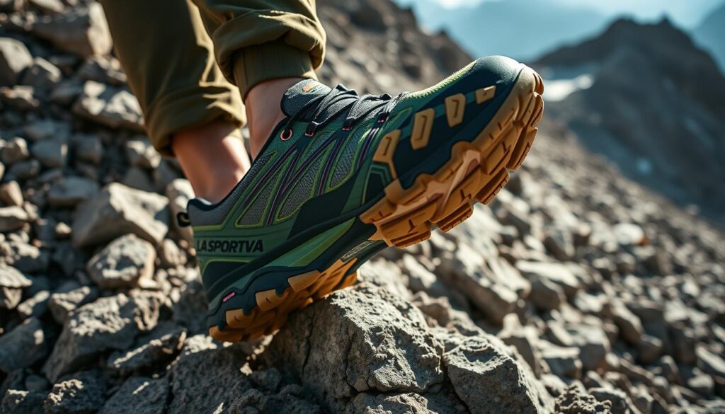 La Sportiva Bushido III trail running shoes on technical rocky terrain La Sportiva Bushido III trail running shoes on technical rocky terrain