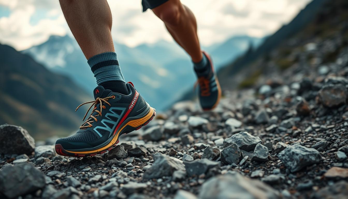 Trail runner wearing best trail running shoes crossing rocky terrain