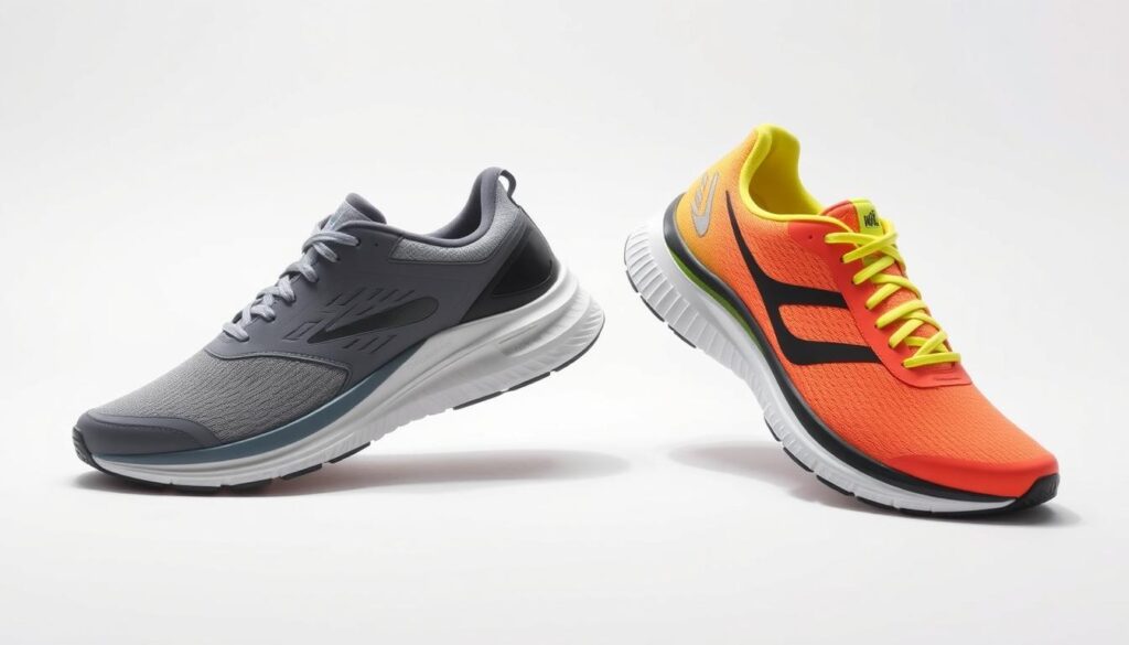 Two pairs of running shoes displayed in a clean, well-lit studio setting. On the left, a stability shoe in a neutral gray color with supportive, motion-control features. On the right, a neutral, lightweight running shoe in a bright, energetic colorway. The shoes are positioned at an angle, allowing a clear view of their contrasting design elements. The background is a simple, white seamless backdrop, allowing the shoes to be the focal point. The lighting is soft and diffused, creating an even, shadow-free illumination that enhances the materials and textures of the footwear. The overall composition conveys a sense of comparison and balance between the two distinct shoe types.